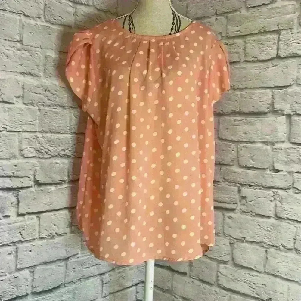 Papermoon women's blouse pink and white polka dot tulip sleeves size M